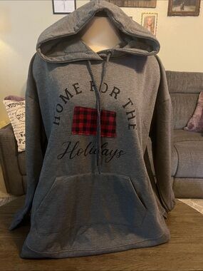 Maurices Gray Hoodie with Red Plaid Accent